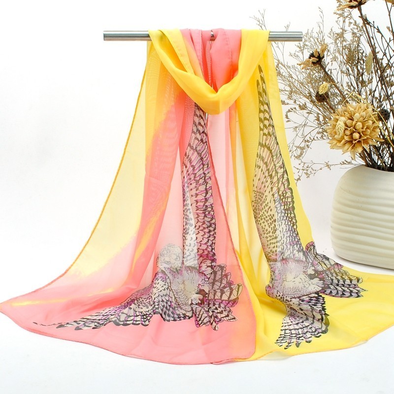 Foulard Femme Echarpe Etole Scarf Mousseline Chouette Deux tons Rose Saumon Jaune